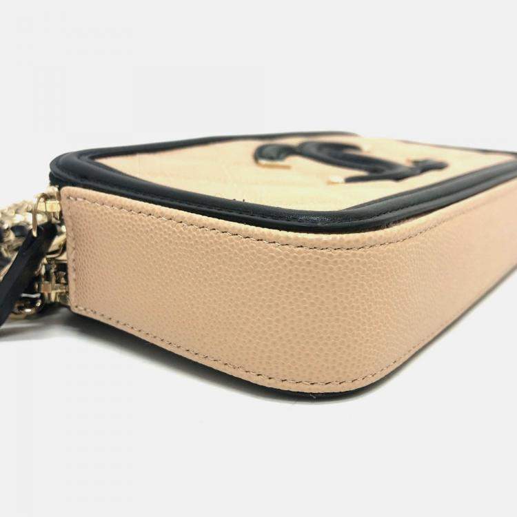 Pre Owned Chanel Filigree Long Beige Caviar Leather Wallet On Chain