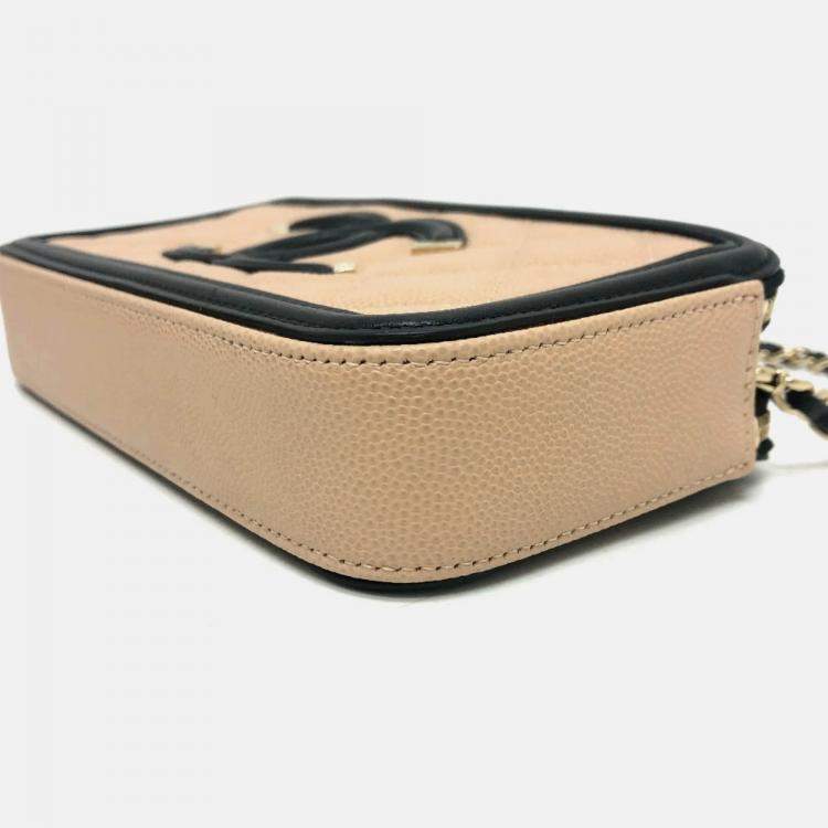 Pre Owned Chanel Filigree Long Beige Caviar Leather Wallet On Chain
