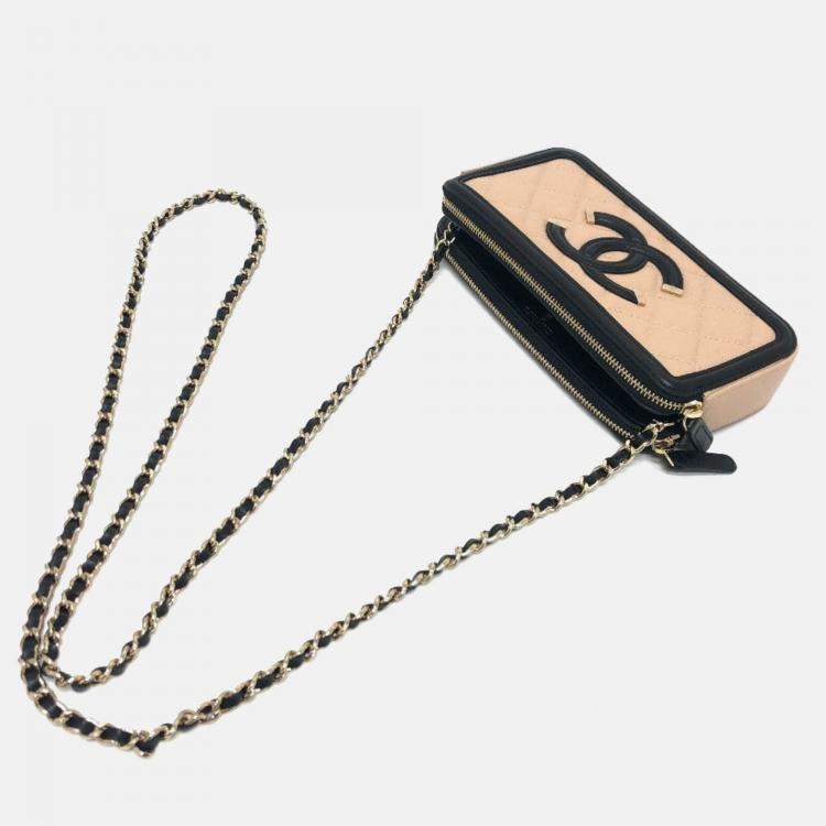 Pre Owned Chanel Filigree Long Beige Caviar Leather Wallet On Chain