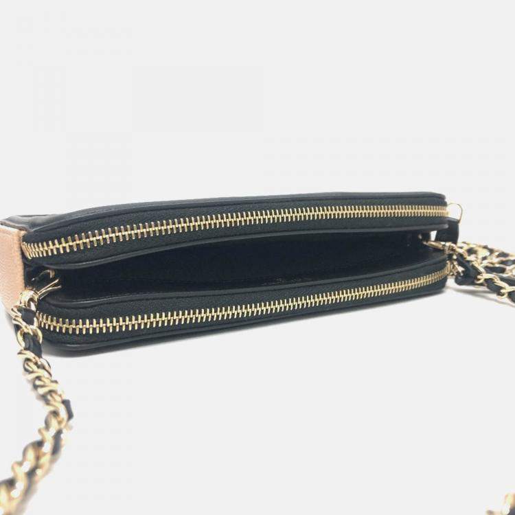Pre Owned Chanel Filigree Long Beige Caviar Leather Wallet On Chain