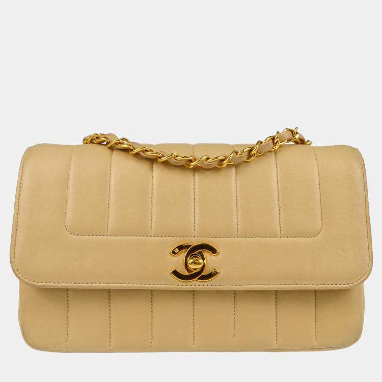 Pre Owned Chanel Beige Lambskin Mademoiselle Single Flap Shoulder Bag