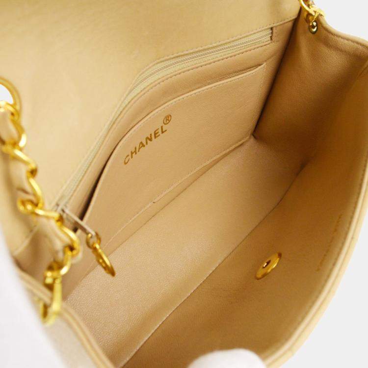 Pre Owned Chanel Beige Lambskin Mademoiselle Single Flap Shoulder Bag