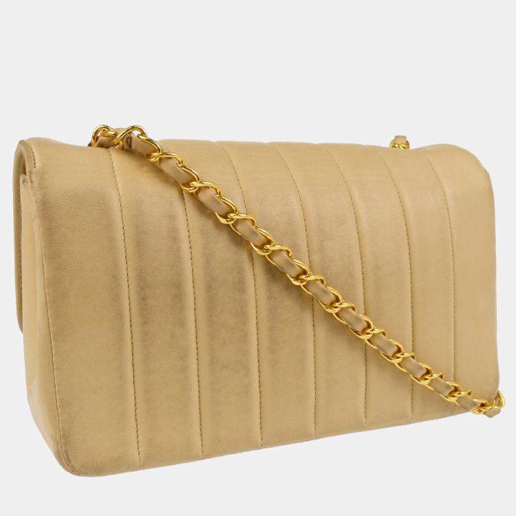 Pre Owned Chanel Beige Lambskin Mademoiselle Single Flap Shoulder Bag