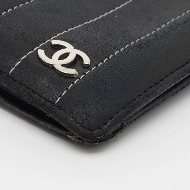 Pre Owned Chanel Black Striped Leather Vertical CC Wallet