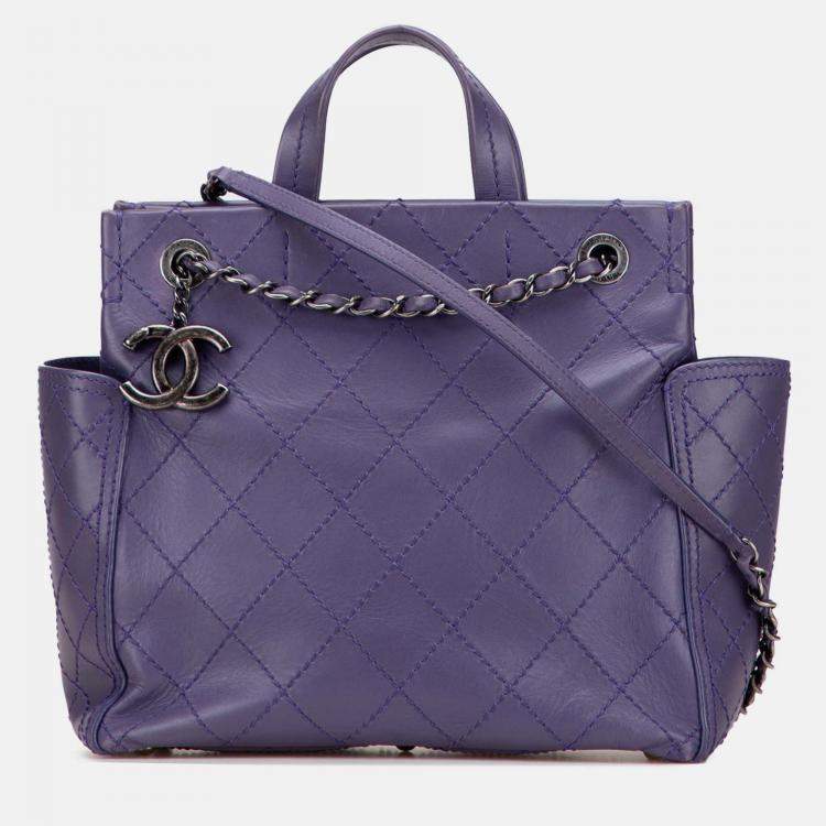 Pre Owned Chanel Purple Small CC Quilted Calfskin Pocket Tote