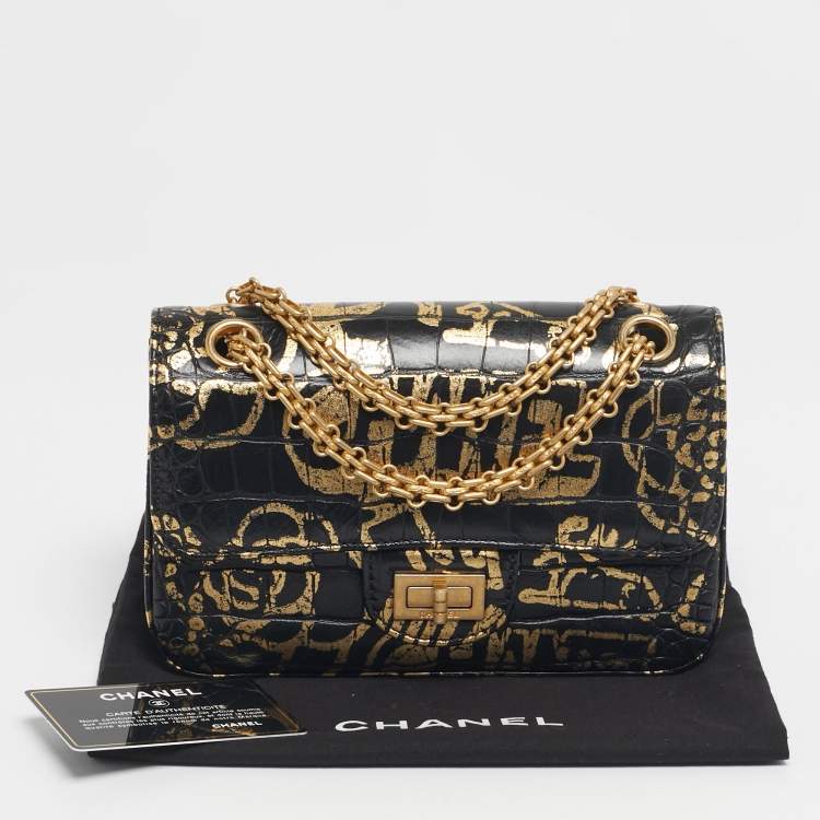 Pre Owned Chanel Black/Gold Graffiti Croc Embossed Leather Mini Reissue 2.55 Flap Bag