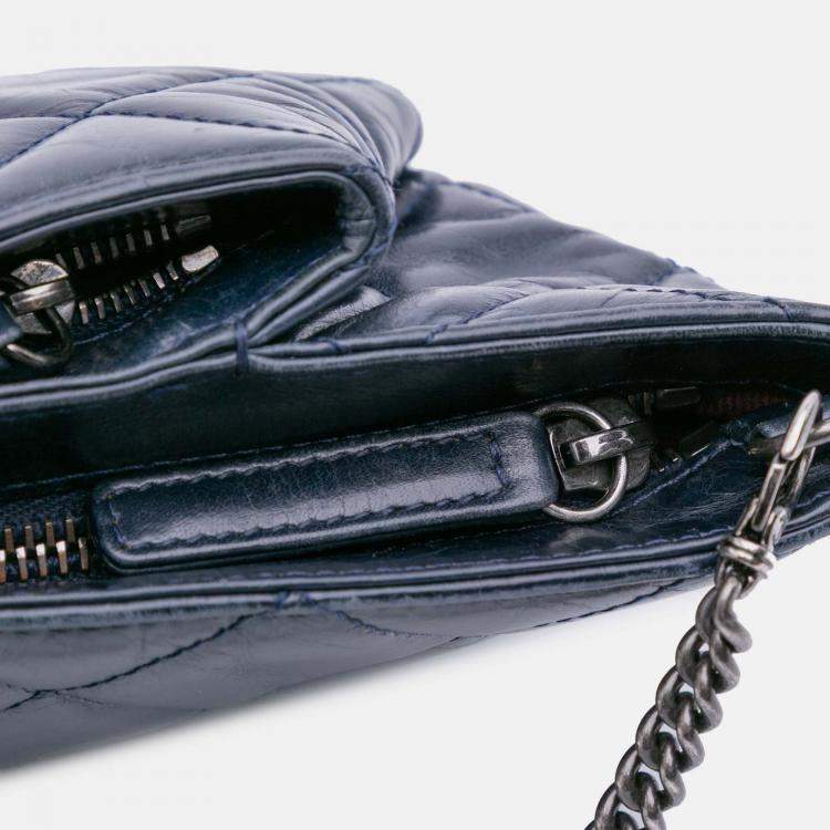 Pre Owned Chanel Navy Blue Quilted Glazed Calfskin Coco Pleats Clutch With Chain