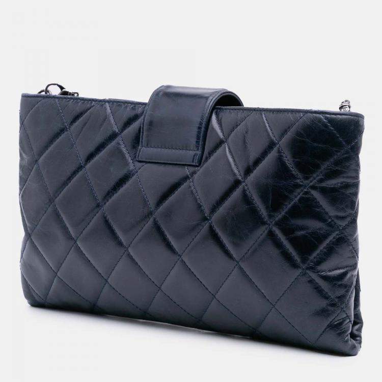 Pre Owned Chanel Navy Blue Quilted Glazed Calfskin Coco Pleats Clutch With Chain