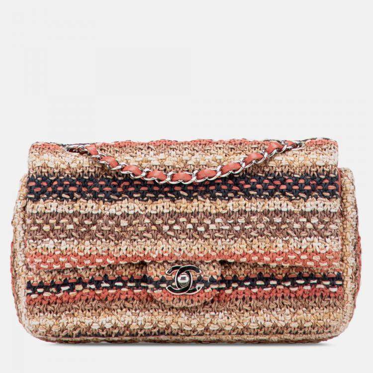 Pre Owned Chanel Beige Brown Medium Classic Tweed Double Flap