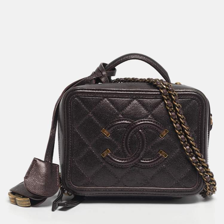 Pre Owned Chanel Burgundy Quilted Caviar Leather Small CC Filigree Vanity Case Bag