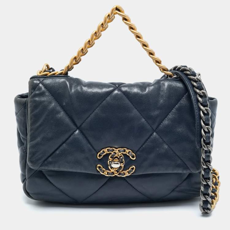 Pre Owned Chanel Navy Blue Quilted Leather Small 19 Flap Bag