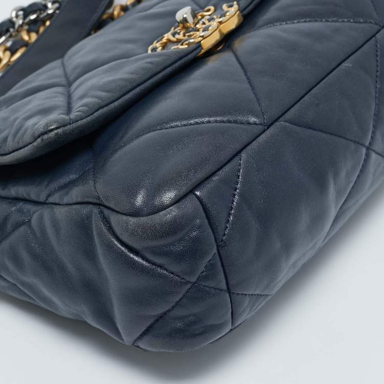 Pre Owned Chanel Navy Blue Quilted Leather Small 19 Flap Bag