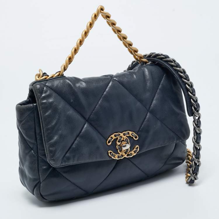 Pre Owned Chanel Navy Blue Quilted Leather Small 19 Flap Bag