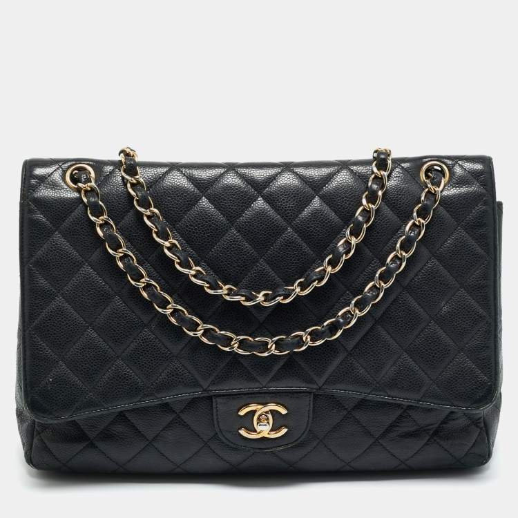 Pre Owned Chanel Black Quilted Caviar Leather Maxi Classic Single Flap Bag