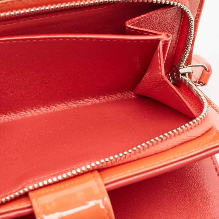 Pre Owned Chanel Orange Quilted Patent Leather CC French Wallet