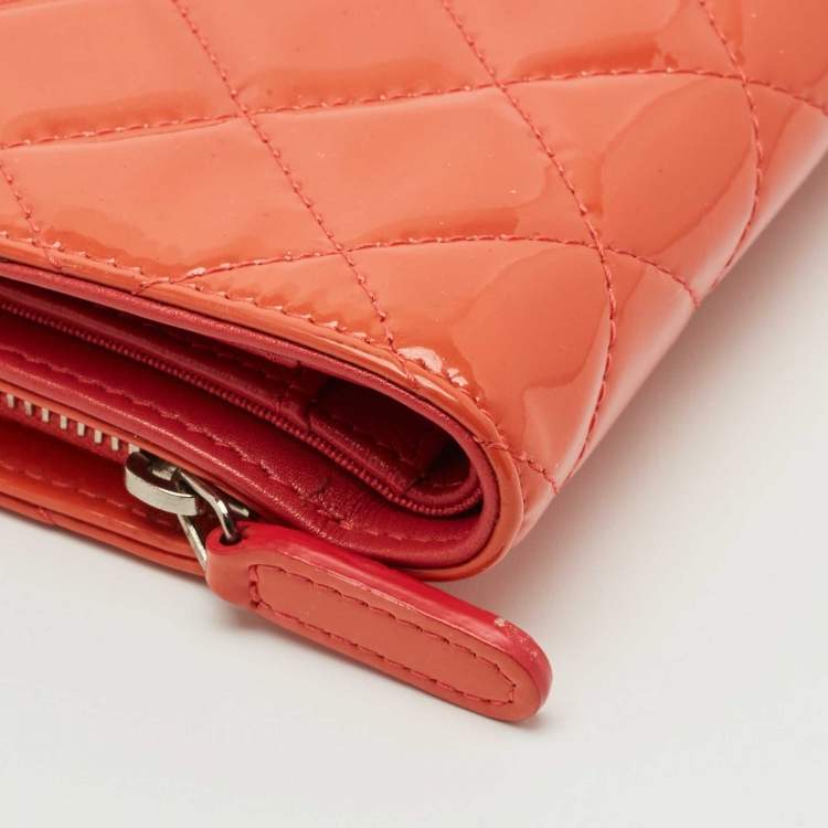 Pre Owned Chanel Orange Quilted Patent Leather CC French Wallet
