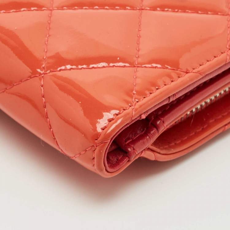 Pre Owned Chanel Orange Quilted Patent Leather CC French Wallet
