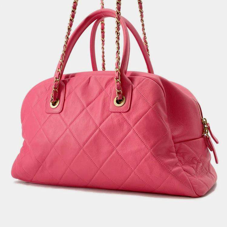Pre Owned Chanel Matelasse Bowling Bag Pink Calf Leather