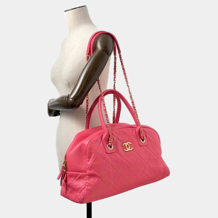 Pre Owned Chanel Matelasse Bowling Bag Pink Calf Leather