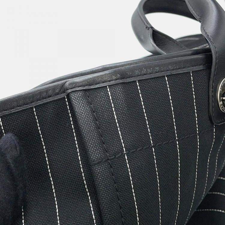 Pre Owned Chanel Deauville MM Black White Canvas Leather Tote Bag