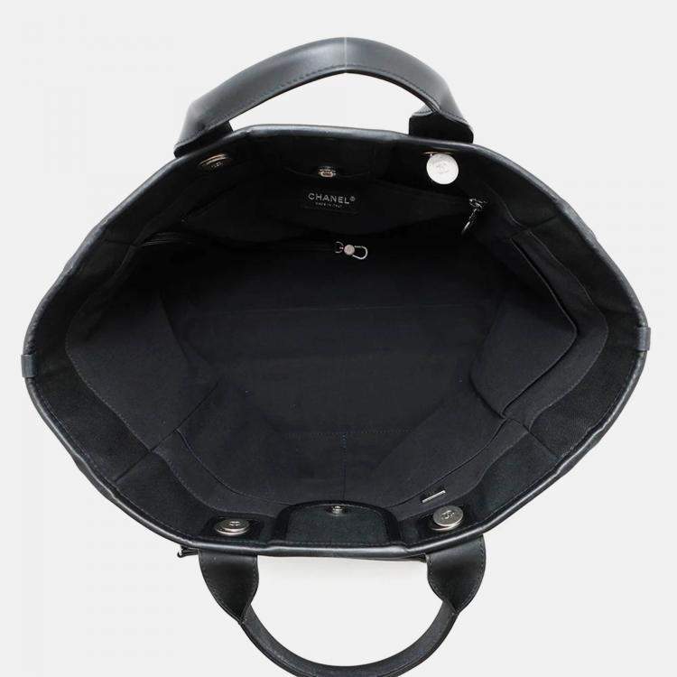 Pre Owned Chanel Deauville MM Black White Canvas Leather Tote Bag