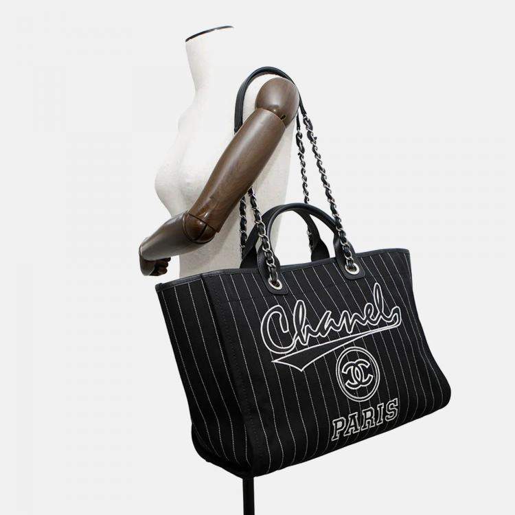 Pre Owned Chanel Deauville MM Black White Canvas Leather Tote Bag