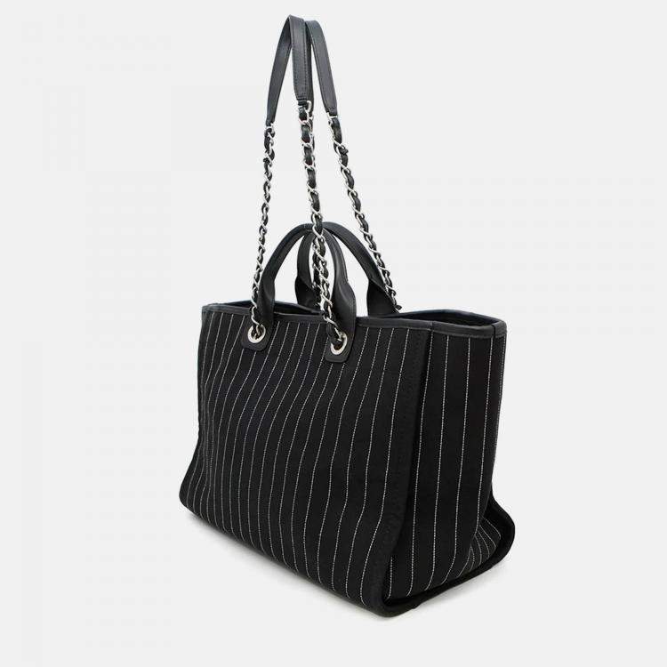 Pre Owned Chanel Deauville MM Black White Canvas Leather Tote Bag