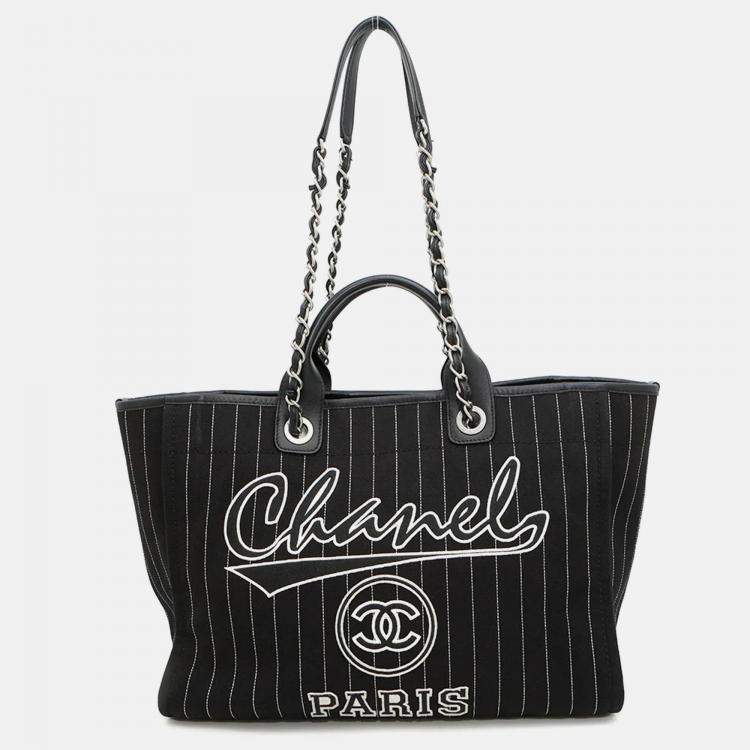 Pre Owned Chanel Deauville MM Black White Canvas Leather Tote Bag