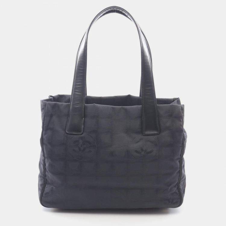 Pre Owned Chanel New Travel Line Pm Tote Bag A20457 Leather Nylon Canvas Black Used Ghw