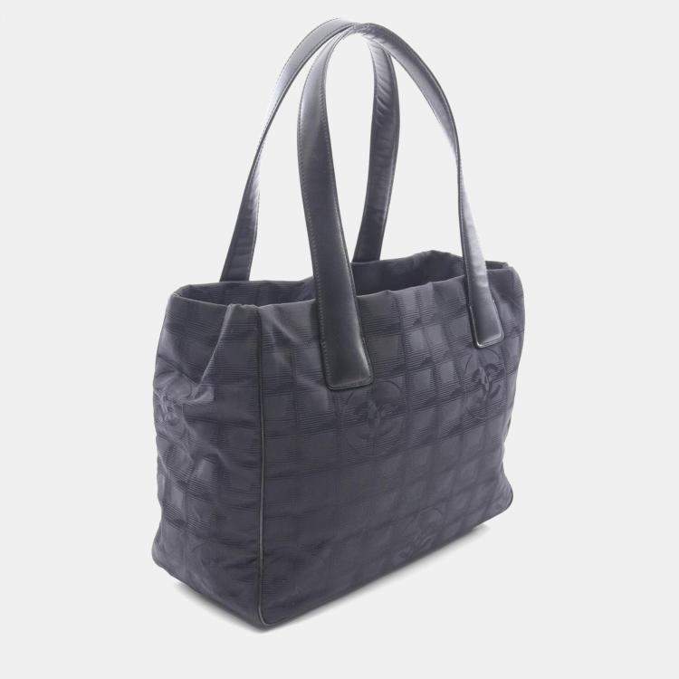 Pre Owned Chanel New Travel Line Pm Tote Bag A20457 Leather Nylon Canvas Black Used Ghw