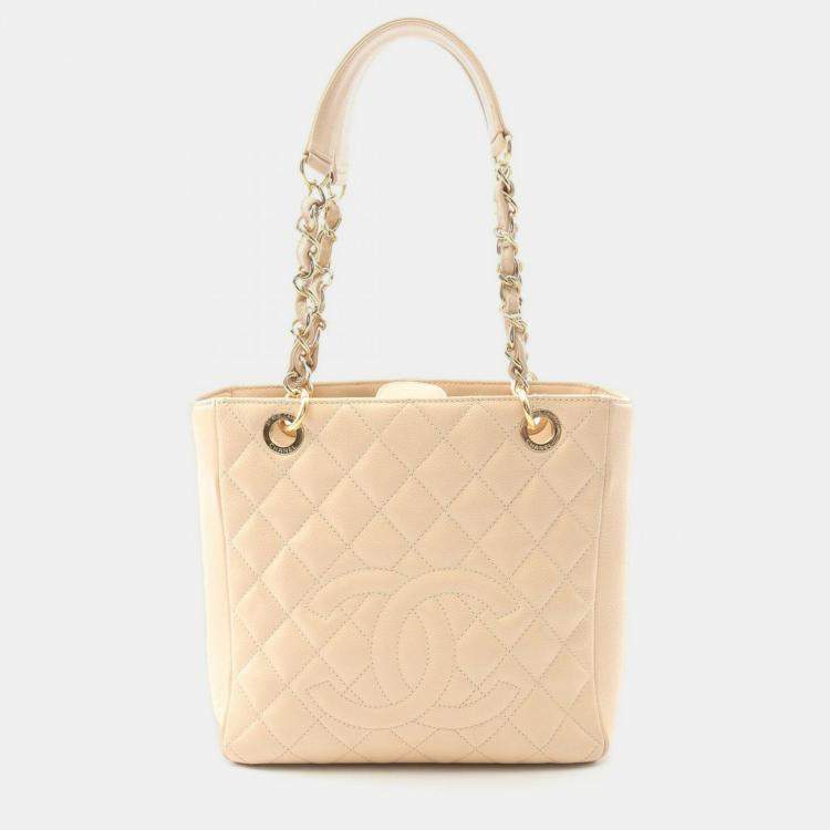Pre Owned Chanel Matelasse PST Calfskin Beige Chain Shoulder Tote Bag