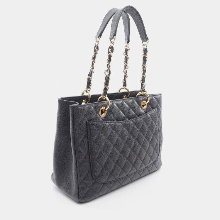Pre Owned Chanel Matelasse Black Calfskin Grand Shopping Tote Chain Bag GHW 