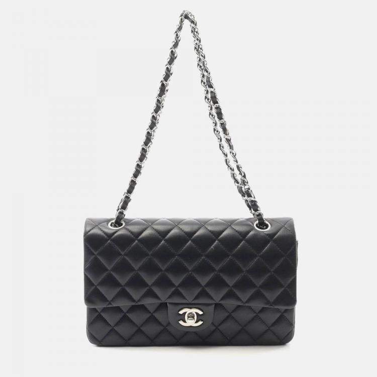 Pre Owned Chanel Matelasse Black Lambskin SHW Double Flap Chain Shoulder Bag
