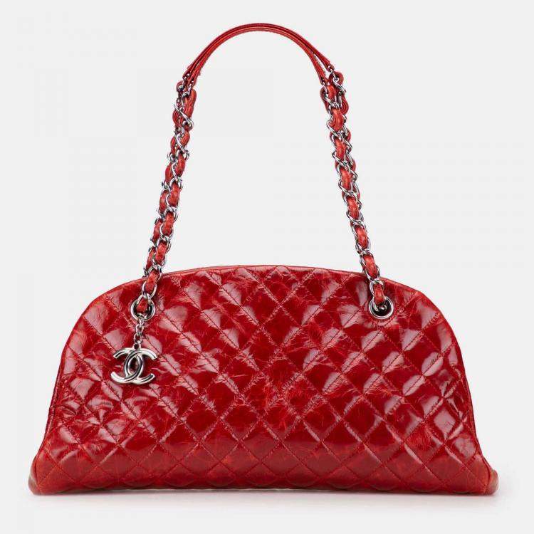 Pre Owned Chanel Red Large Glazed Calfskin Mademoiselle Bowling Bag