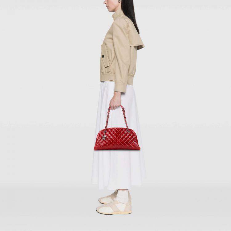 Pre Owned Chanel Red Large Glazed Calfskin Mademoiselle Bowling Bag