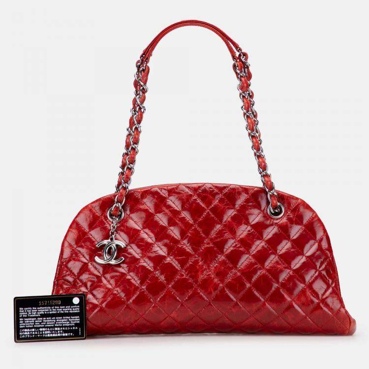 Pre Owned Chanel Red Large Glazed Calfskin Mademoiselle Bowling Bag