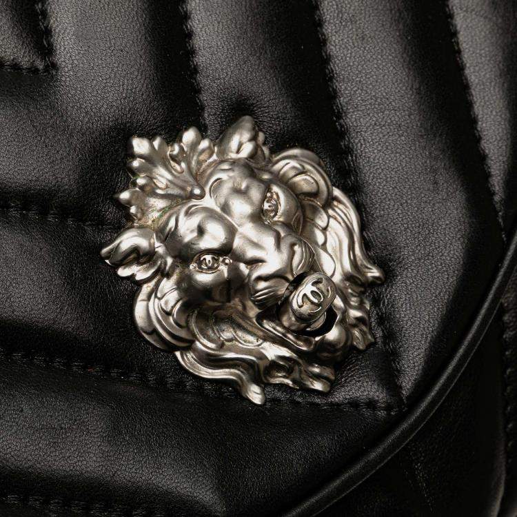 Pre Owned Chanel Black Jumbo Chevron Lambskin Leo Lion Flap
