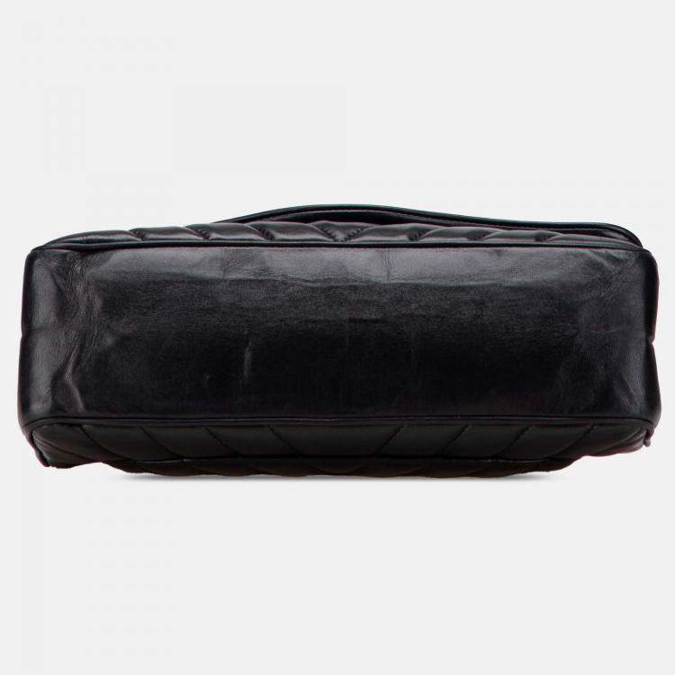 Pre Owned Chanel Black Jumbo Chevron Lambskin Leo Lion Flap