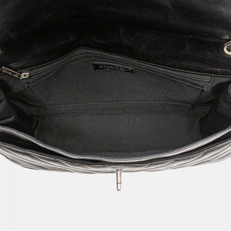 Pre Owned Chanel Black Jumbo Chevron Lambskin Leo Lion Flap