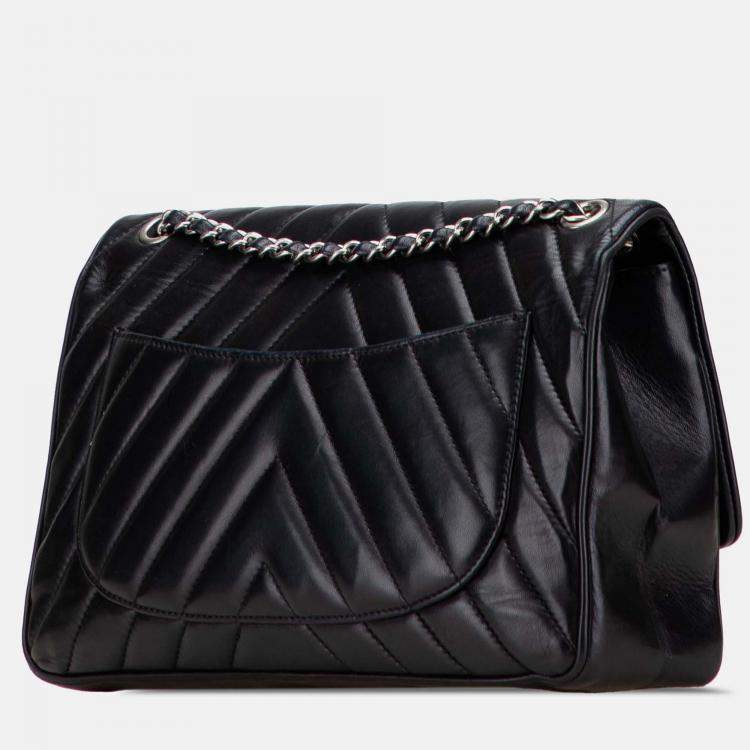 Pre Owned Chanel Black Jumbo Chevron Lambskin Leo Lion Flap
