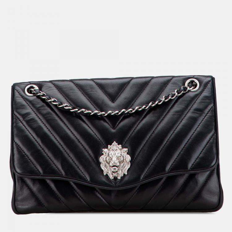 Pre Owned Chanel Black Jumbo Chevron Lambskin Leo Lion Flap