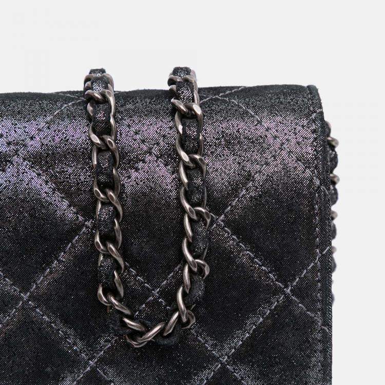 Pre Owned Chanel Silver Quilted Iridescent Lambskin Tartan Button Wallet On Chain