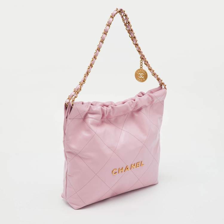 Pre Owned Chanel Light Pink Quilted Shiny Leather Small 22 Bag