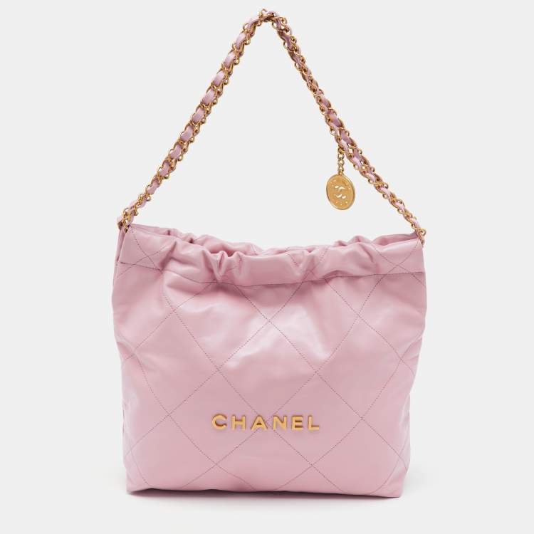 Pre Owned Chanel Light Pink Quilted Shiny Leather Small 22 Bag