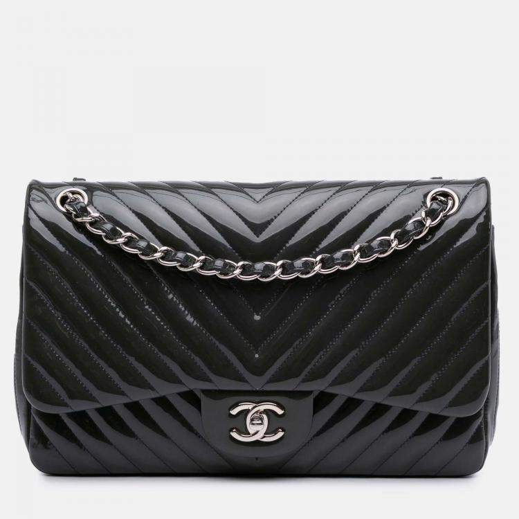 Pre Owned Chanel Navy Blue Jumbo Classic Chevron Patent Double Flap