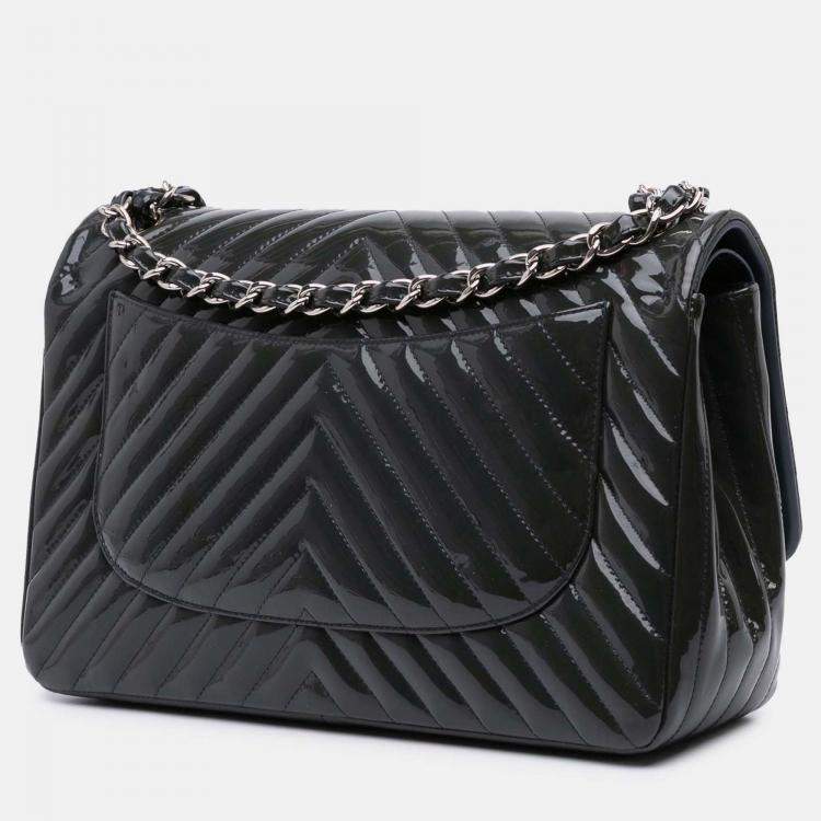 Pre Owned Chanel Navy Blue Jumbo Classic Chevron Patent Double Flap
