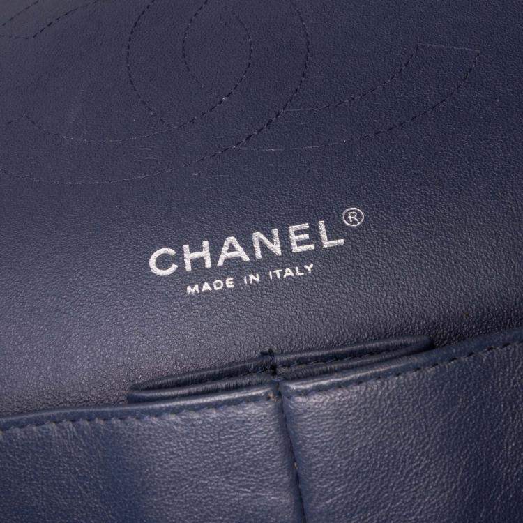 Pre Owned Chanel Navy Blue Jumbo Classic Chevron Patent Double Flap