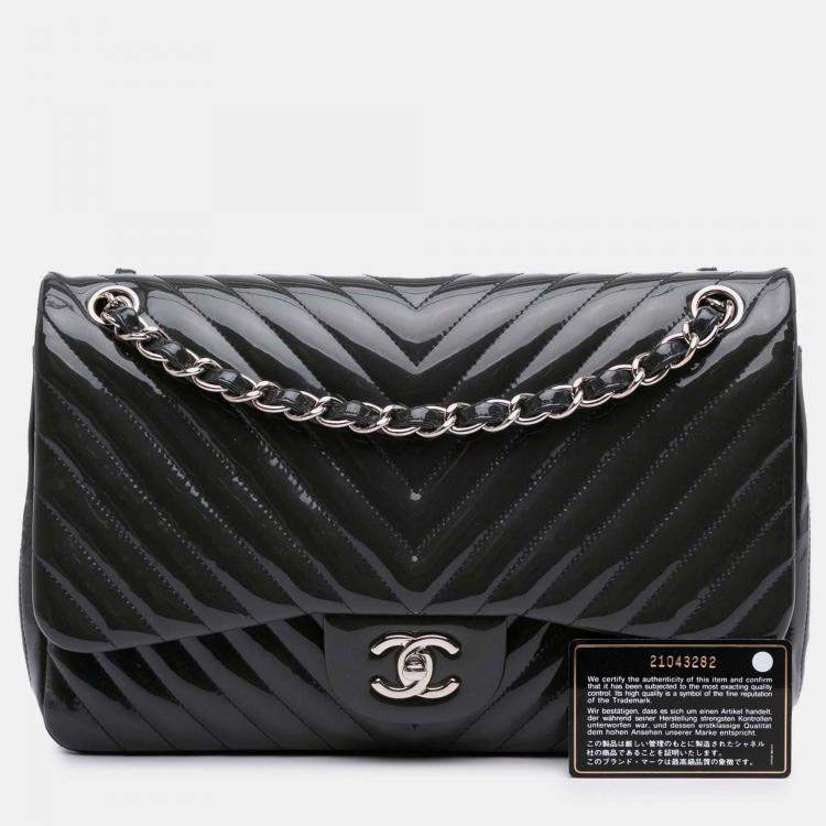 Pre Owned Chanel Navy Blue Jumbo Classic Chevron Patent Double Flap