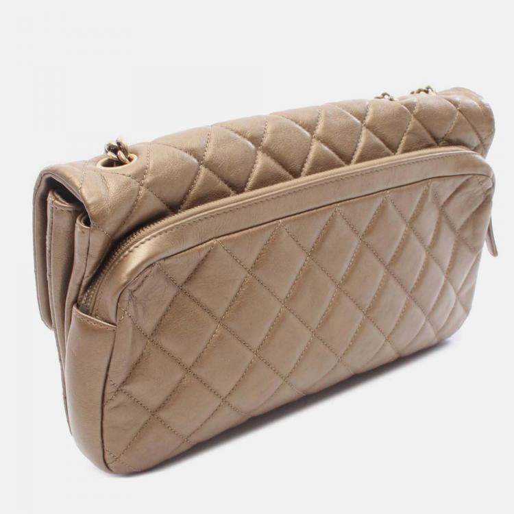 Pre Owned Chanel Brown Medium Quilted Metallic Lambskin CC Crown Flap