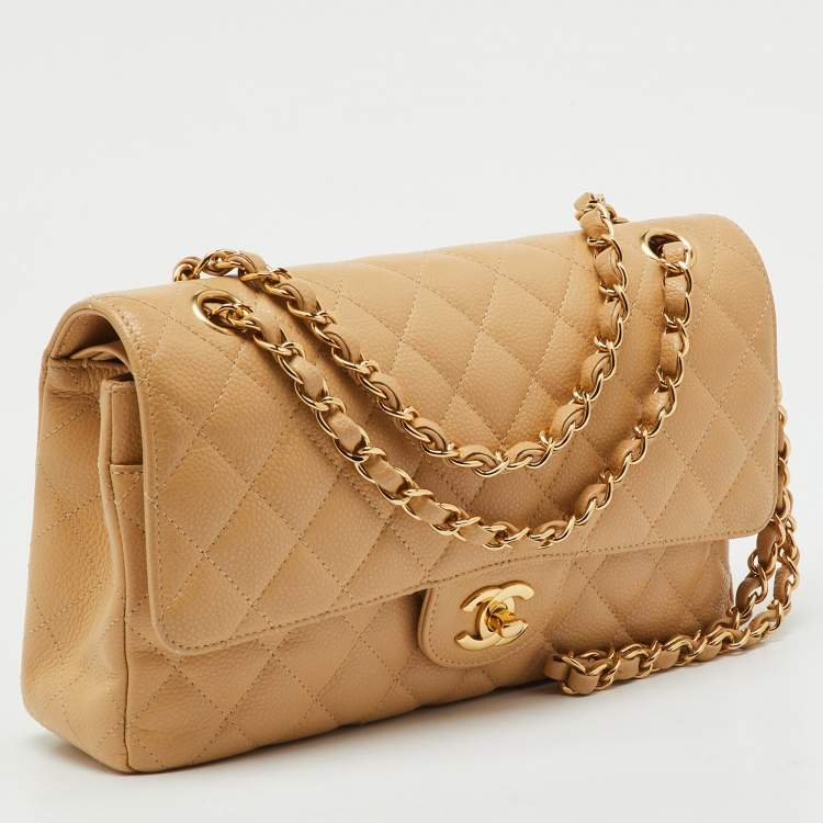 Pre Owned Chanel Beige Quilted Caviar Leather Medium Classic Double Flap Bag